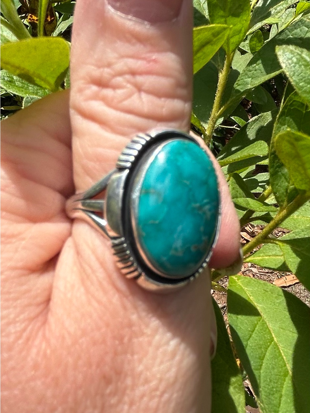 Sterling Silver Turquoise Oval Ring - By William And Cora Vandever - Size 11 1/2